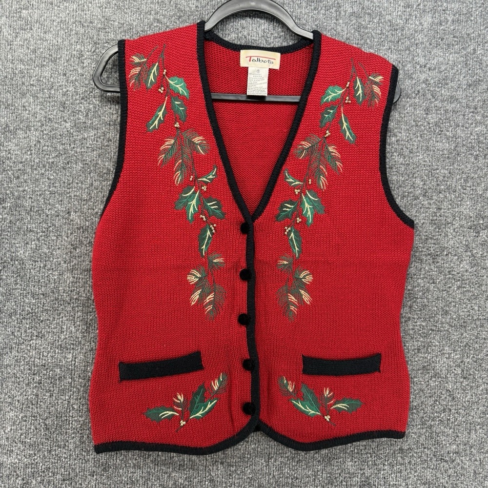 Vintage Talbots Cardigan Womens S Red Wool Blend Button Up Sleeveless Holiday